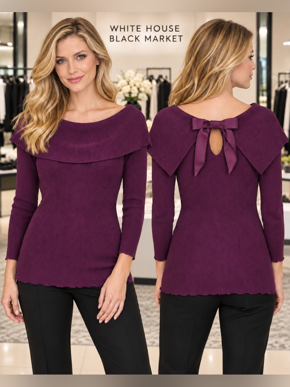 White House Black Market Plum Off-Shoulder Bow Back Sweater M